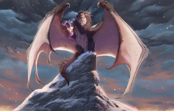 Picture dragon, snowfall, dragon, snowfall, a mythical creature, fantasy art, mountain top, dark skies