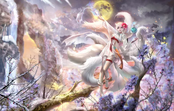 Picture winter, snow, trees, night, the moon, dress, the full moon, League of Legends