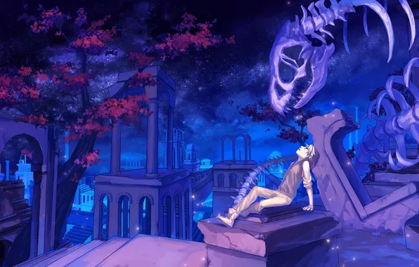 The sky, stars, flowers, night, anime, art, skeleton, columns