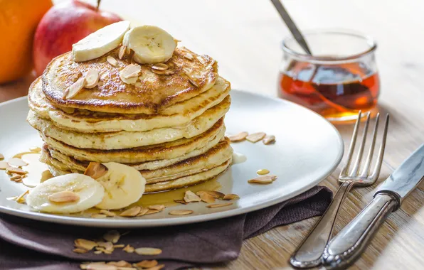 Honey, bananas, pancakes, almonds