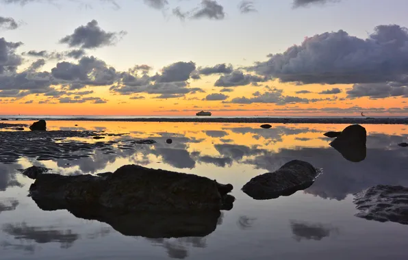 Picture sea, clouds, reflection, stones, boats, morning, mirror, horizon