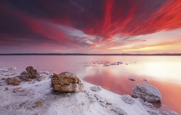 Picture landscape, sunset, lake, stones, shore, salt