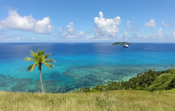 Picture the ocean, shore, view, ship, island, horizon, exotic
