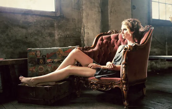 Look, girl, light, feet, chair, brunette, window, suitcase