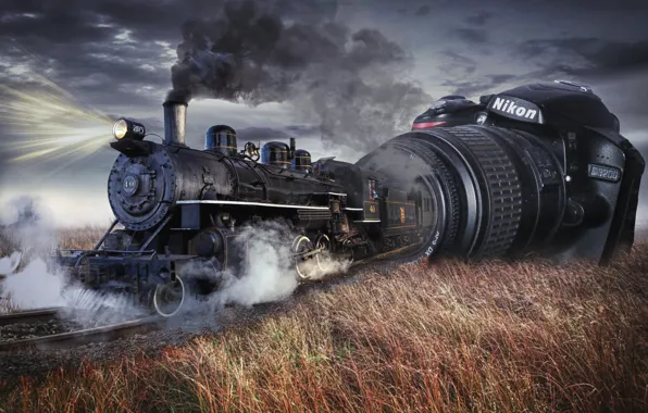 Picture the steppe, rendering, collage, smoke, the engine, railroad, the camera, photo manipulation