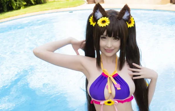 Girl, sexy, pool, cleavage, long hair, boobs, animal ears, smile