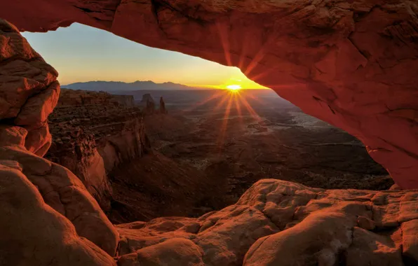 The sun, sunset, mountains, rocks, gorge, Utah, USA, national Park