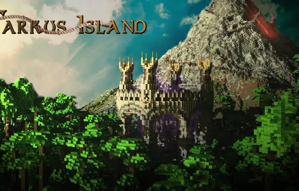 Forest, the sky, clouds, castle, mountain, the volcano, lava, Minecraft