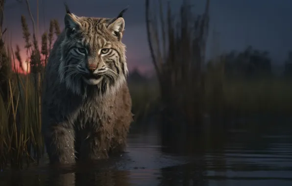 Water, Look, Dawn, Predator, Lynx, Front, Digital art, Big cat