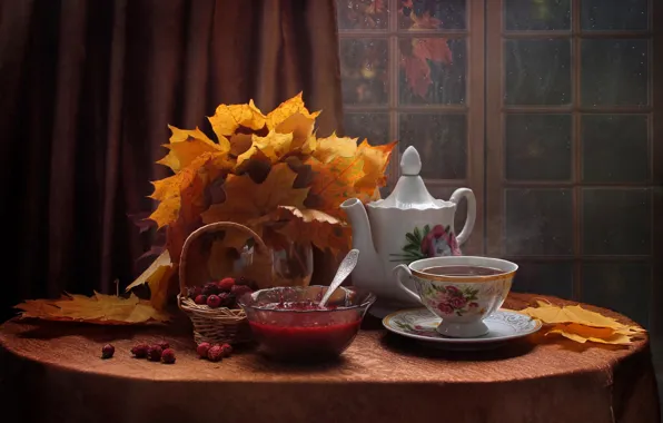 Picture leaves, berries, table, kettle, window, the tea party, Cup, dishes