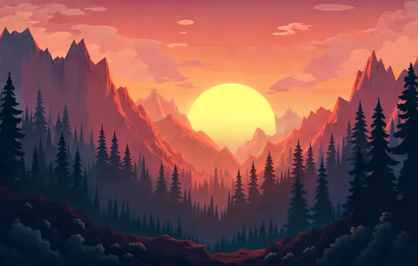 Sunset, The sun, Design, Mountains, Forest, Art, Design, Sunset