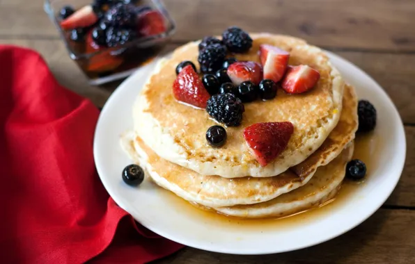 Berries, food, Breakfast, strawberry, honey, pancakes, currants, wood