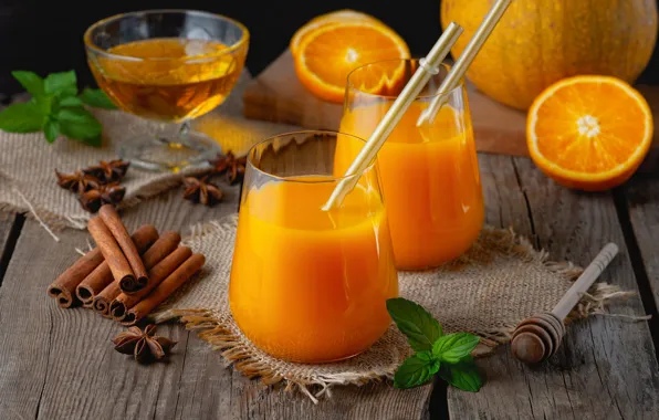 Board, oranges, glasses, juice, spoon, cocktail, pumpkin, honey