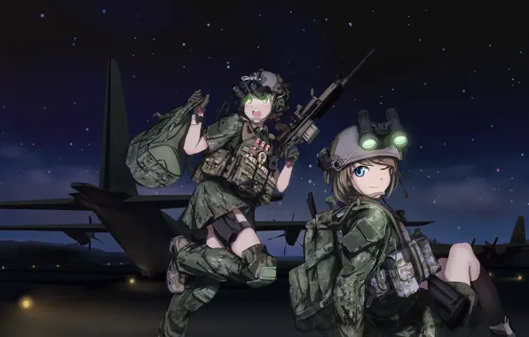 Picture look, smile, weapons, girls, surprise, aircraft, the airfield, art