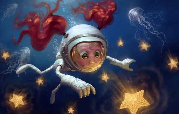 Stars, the suit, art, jellyfish, girl, red, underwater world, stars
