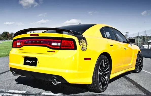 Picture the sky, clouds, yellow, muscle car, Dodge, rear view, dodge, muscle car