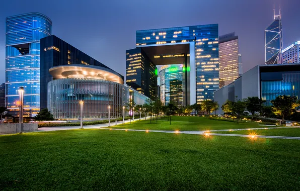 Picture grass, night, lights, Hong Kong, China, lamppost, Tamar Park, Legislative Council Complex