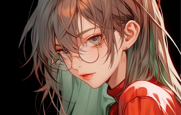 Face, mole, black background, blue eyes, grey hair, glasses, red jacket, portrait of a girl