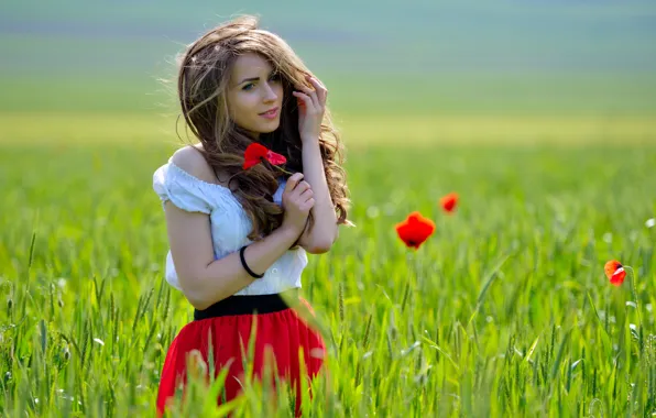 Picture field, girl, flowers, reverie, smile, the wind, Maki, brown hair