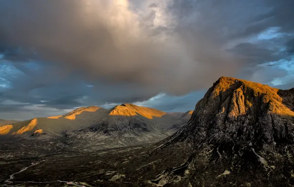 Picture road, the sky, clouds, light, mountains, rocks, hills, tops