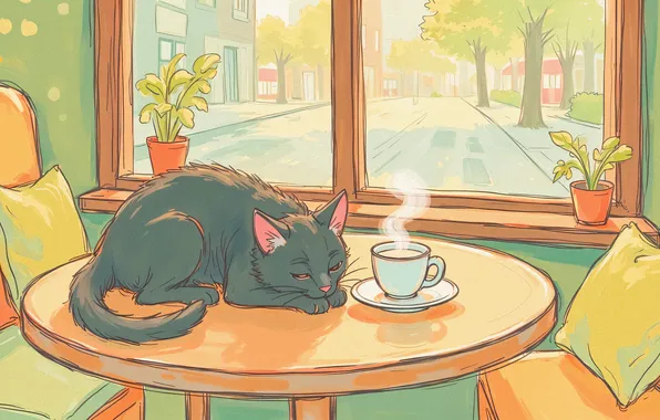 Cat, cat, pose, comfort, house, table, grey, tea