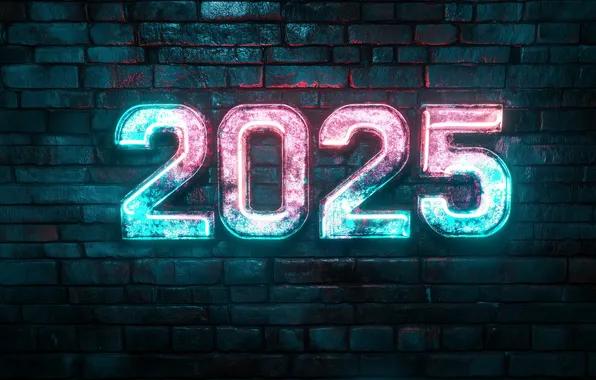 The dark background, wall, glow, figures, New year, bricks, date, 2025