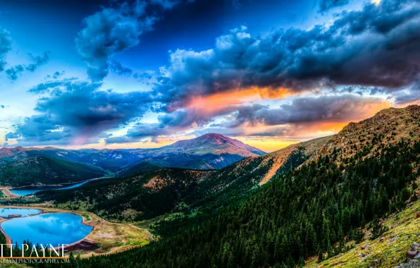 Forest, clouds, sunset, mountains, lake, Matt Payn