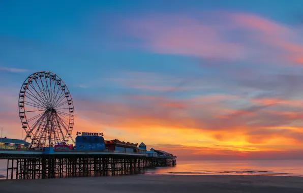 Picture beach, the ocean, dawn, pierce, Ferris wheel, amusement Park