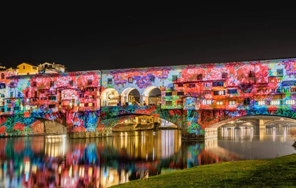 Night, bridge, lights, river, Italy, show, Florence, The Ponte Vecchio