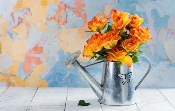 Table, roses, bouquet, lake
