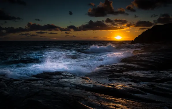 Picture Clouds, Coast, Water, Sunset, Ocean, Gold, Stones, Waves