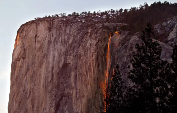 Trees, sunset, lights, rock, mountain, waterfall, CA, USA