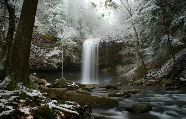 Winter, frost, forest, snow, river, waterfall, stream