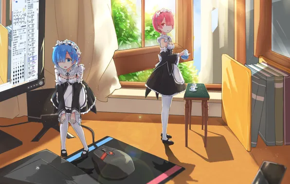 Anime, art, Ram, Rem, Re: Zero kara hajime chip isek or Seikatsu