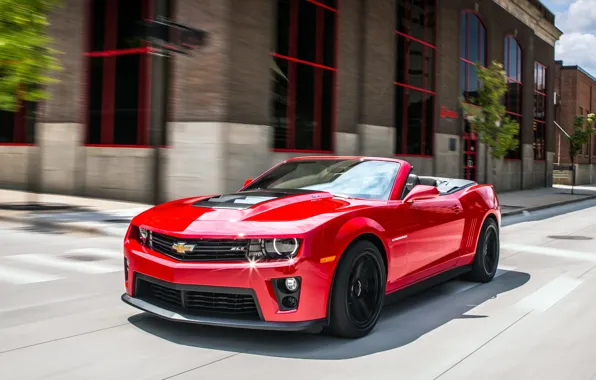 Red, Road, Machine, Convertible, Movement, The building, Camaro, Chevrolet