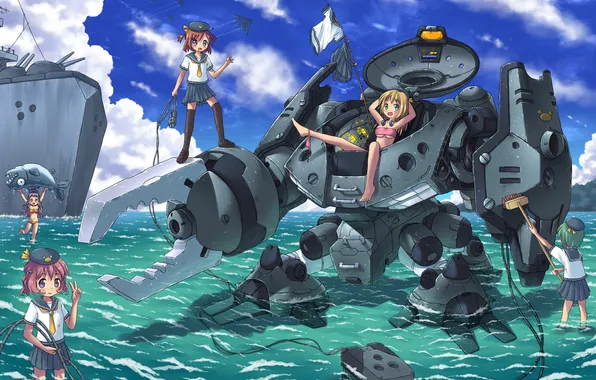 Picture the sky, water, clouds, girls, the ocean, ship, robot, anime