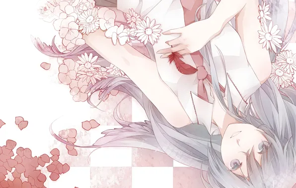 Picture girl, flowers, pen, art, tie, vocaloid, hatsune miku
