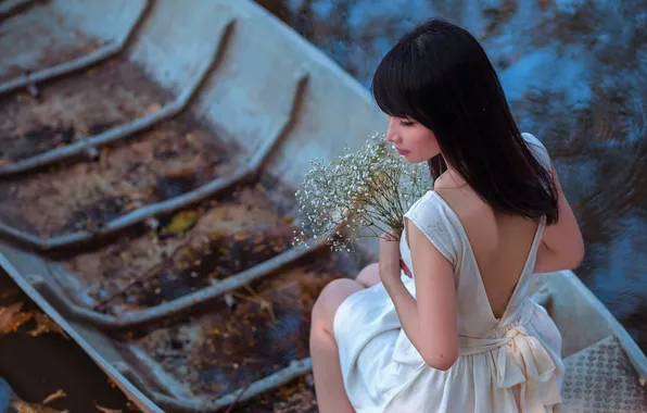 Picture girl, flowers, pose, boat