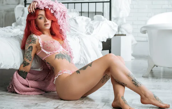 Girl, panties, linen, bed, tattoo, red, legs, Bathrobe