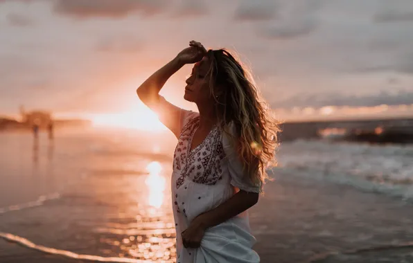 Picture beach, girl, sunset, Emily, curls