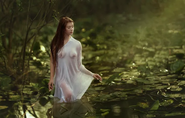 Water, girl, nature, fabric, Nude, gauze, Evgeny Loza, Yevhen Makarenko