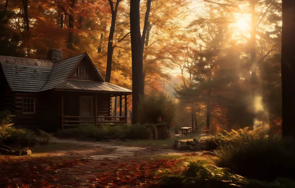 Autumn, forest, the sun, light, trees, fog, house, Park