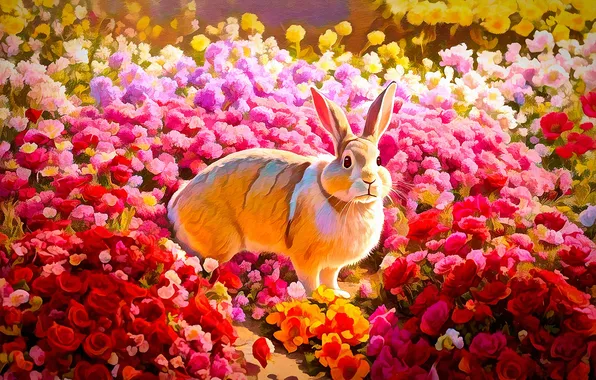 Summer, light, flowers, nature, hare, garden, rabbit, red