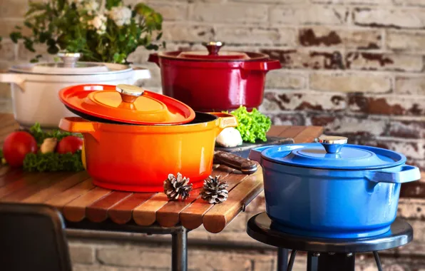 Greens, table, kitchen, dishes, vegetables, bumps, tomatoes, pots