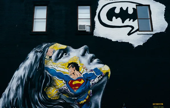 Girl, face, wall, graffiti, Superman