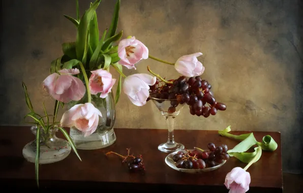 Table, glass, grapes, tulips, vase, pink, still life, saucer