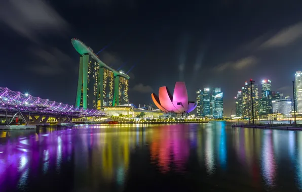 Night, river, photo, building, Singapore