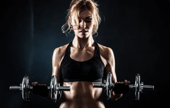Girl, sports, fitness, dumbbells