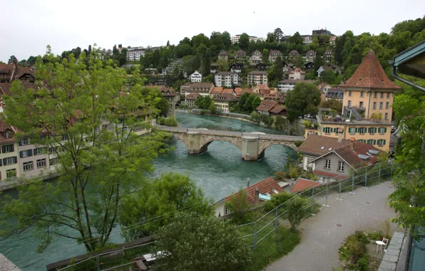 The sky, trees, bridge, river, home, Switzerland, Bern, Bern