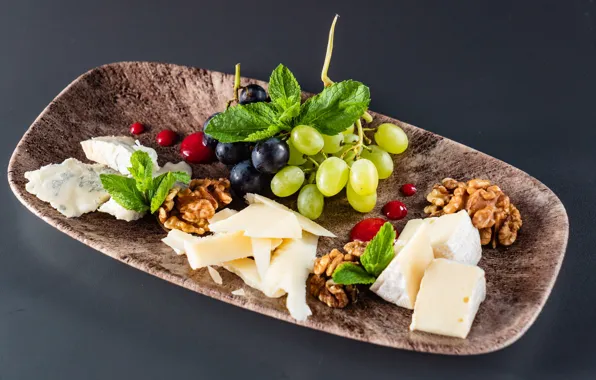 Cheese, grapes, nuts, cuts
